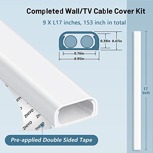 Image of Cable Hider Raceway Kit, 153in Wire Hiders for TV on Wall, Paintable Cord Cover Channel, Cord Hider for Wall Mounted TV in Home Office, 9X L17in X W0.95in X H0.47in, White