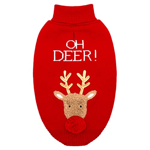 cyeollo Dog Christmas Sweater Costume Turtleneck Knitted Sweater with Leash Hole Reindeer Holiday Outfit Xmas Dog Winter Clothes for Small Dogs
