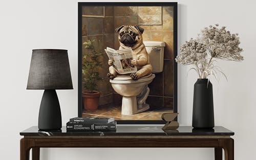 Image of Pug on Toilet Black Framed Wall Art Print Poster, Dog Bathroom Humor Decor Posters Prints for Restroom Home Picture Painting Artwork Gallery 7 (Pug, 10 inchL x 8 inchW, Black Frame)