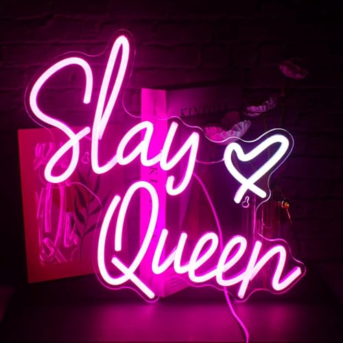 Saly Queen Neon Signs for Wall Decor Neon Wall Art Acrylic LED Lights with Hanging Chain Light Up Signs for Bedroom Decor Man Cave Bar Pub Wedding Party 5V USB Operated Dimmable