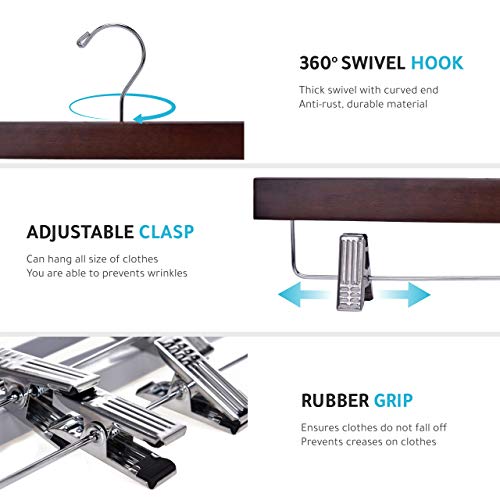 Quality Hangers Wooden Pants Hangers - 20-Pack Swivel Hook Cloth Hanger Set - Lotus Wood Skirt, Pant, Shorts And Slack Hangers With Adjustable Clip (Walnut - Chrome Hook, 20) #TOP3