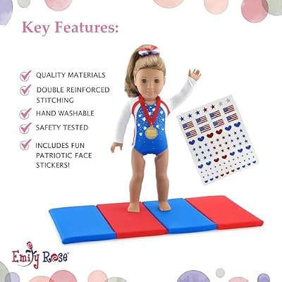 Emily Rose 18 Doll Gymnastics Outfit 5-Piece Set - Bejeweled Athletic Gymnast Leotard, Medal, Hair Bow, Mat, Reuseable Stickers | American Girl Compatible | Trusted USA Brand | NO Doll