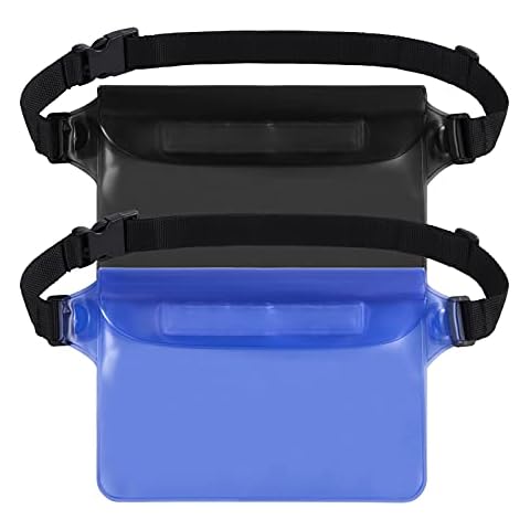 Waterproof Pouch with Adjustable Waist Strap 2 Pack Screen Touchable PVC Waist Bag for Beach, Swimming, Boating, Fishing, Hiking Black+Blue Cover