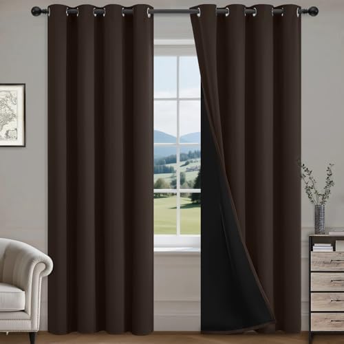 Image of COSVIYA 100% Chocolate Brown Blackout Curtains for Living Room 84 Inch | Room Darkening Light Blocking Drapes for Bedroom, Grommet Thermal Insulated Window Panels with Black Liner, W52xL84,2 Panels