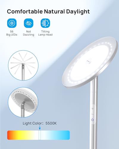 TROND Floor Lamp, LED Torchiere Uplight Lamp, 5 Brightness Aluminum Modern Standing Light, 5500K Natural Daylight, 5000 lm, 71in Tall, 30 Mins Timer,