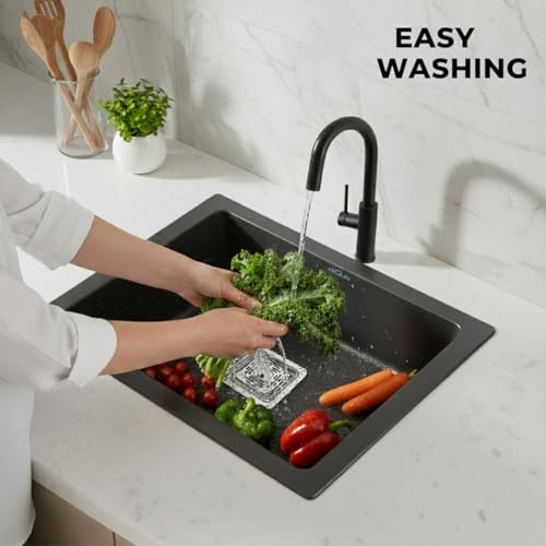 Image of ARQUIN Quartz Sink 21x18x9 Inch Black | Single Bowl Sink | Durable & Scratch-Resistant | Undermount /Topmount Including Coupling, Waste Pipe & Fruit Washing Basket