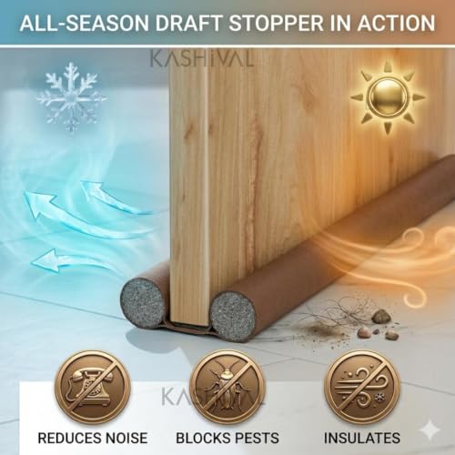 Image of KASHIVAL Under Door Draft Stopper | Door Gap Filler & Weather Stripping Bottom Seal | Soundproof Noise Blocker, Insect Guard & AC Energy Saver (5, Brown, 39 inch)