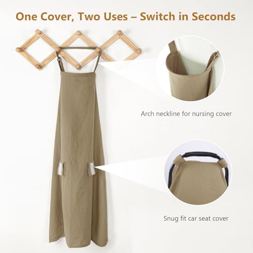 Image of Hooyax 2-in-1 Baby Car Seat Cover & Nursing Cover, 100% Muslin Cotton, Breathable Car Seat Canopy and Privacy Breastfeeding Cover, Brown
