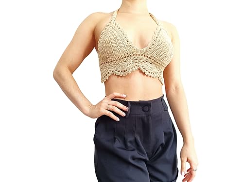 NORDESTINA – Crop Top de Bikini de Ganchillo para Mujer - Top de Bikini Crochet- Top a Crochet, Julia (S, Marrón claro)