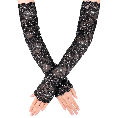 Lace Arm Sleeves for Women, Rhinestone Fingerless Black/White Lace Sleeves to Cover Arms for Women, Wedding Tea Party