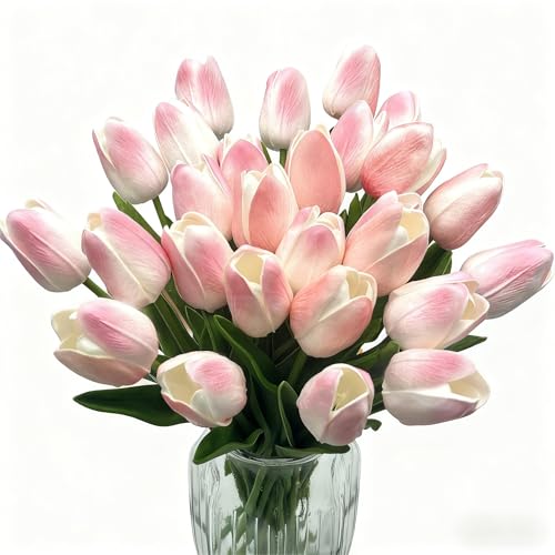 Carfoeny Artificial Flowers Mother's Day Easter Valentine's Day Gifts, Artificial Flowers Fake Tulips Flowers Home Kitchen Wedding Table Decorations a Bunch of 16 Light Pink Tulips Real Touch