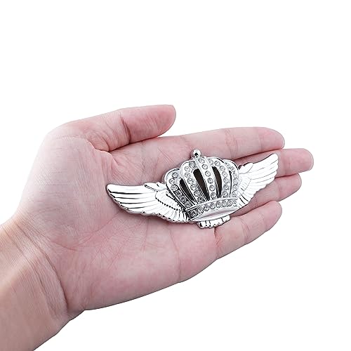 Image of Blingbling 3D Car Decal Sticker - Flying Crown Emblem, Personalized Crystal Crown Decal, Shiny Metal Finish, Compatible with Vehicle (Silver)