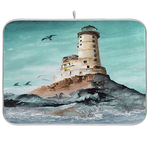 Aquarelle Aniva Cape Lighthouse Seasgull Tapis de séchage pour vaisselle, accessoires de cuisine, comptoir en microfibre résistant à la chaleur, tapis décoratif 40,6 x 45,7 cm Cover