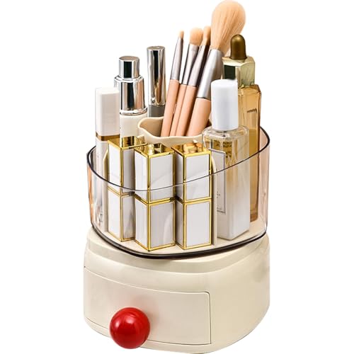 Organizador de maquillaje giratorio, 5 compartimentos para cosméticos con cajón, estante de exhibición de maquillaje para pintalabios, perfumes, cuidado de la piel, organizador de escritorio de baño