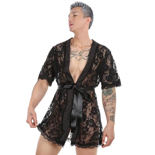 Men's Sexy Bathrobe Lingerie Floral Lace Mesh Nightgown Bath Robe Sissy G-String Thong Panties 2PCS Sleepwear Pajamas