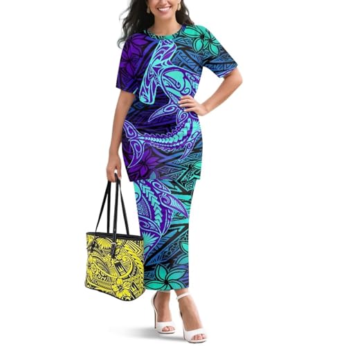 Image of Puletasi Samoan Traditional 2 Piece Outfits for Women Short Sleeve Crop Top and Maxi Skirt Sets Puletasi Dress