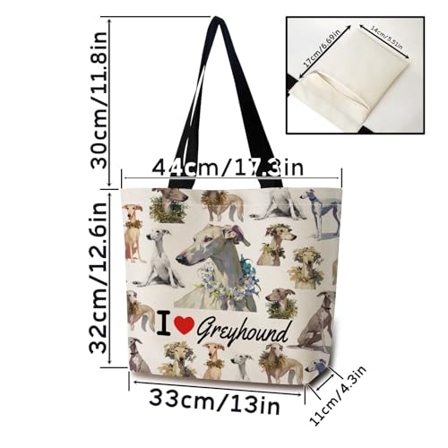 Love Grayhound Tote Bag Reusable Grocery Bags Cute Aesthetic Shopping Shoulder Handbag with Interior Zipper Pocket Lightweight & Washable Stylish Grayhound Present for Dog Lovers Women2