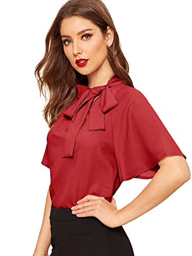 SheIn Women's Casual Side Bow Tie Neck Short Sleeve Blouse Shirt Top Medium