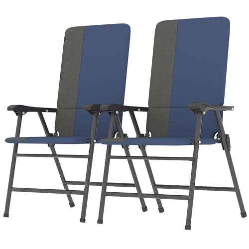 Outsunny Folding Patio Chairs Set of 2, Padded High Back Folding Lawn Chairs with Armrests, 600D Oxford Fabric, Portable Outdoor Camping Chair Set for Deck, Garden, Backyard, Dark Blue