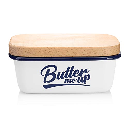 SveBake Butter Dish - Enamel Butter Boat with Beechwood Lid, Butter me up