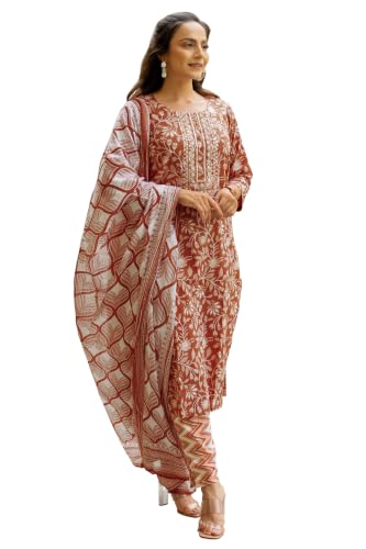 Image of MIRCHI FASHION Pure Cotton Floral Kurta Set for Women with Dupatta & Pant | 3 Piece Straight Fit Ethnic Outfit | Breathable Summer Salwar Suit