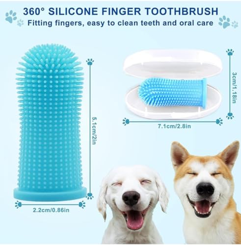 Image of Gomoly Pet Toothbrush, 360 Dog Tooth Cleaning Set, Cat Finger Cover Toot-hbrush for Cleaning Tongue Coating and Tooth Care, Pet Silicone Finger Cover Toothbrush Set of 2 with Case (Blue),Large