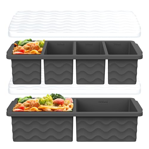 Image of Silicone Freezer Trays with Lid for Soup, 1-Cup & 2-Cup Large Ice Cube Molds Food Storage Containers for Meal Prep, Freeze 500mL /250mL /125mL Portions - 2 Pack