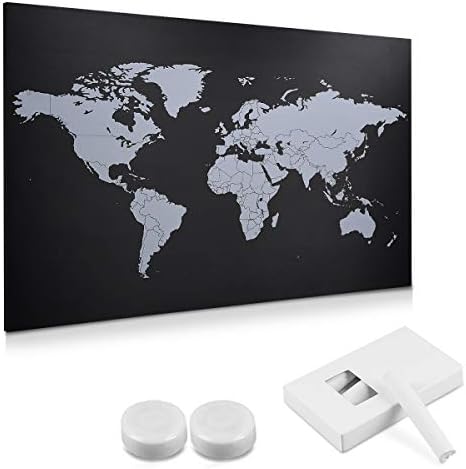 Navaris Magnetic Chalkboard Memo Board - Blackboard Set with Magnets, Chalk and Fixings - Black Board Wall Planner with World Map Design - 60 x 40 cm