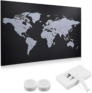 Navaris Magnetic Chalkboard Memo Board - Blackboard Set with Magnets, Chalk and Fixings - Black Board Wall Planner with World Map Design - 60 x 40 cm