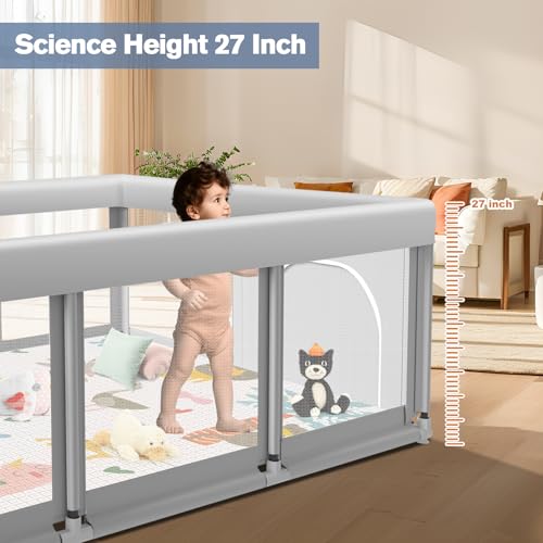Image of Baby Playpen with Mat 74 inch x50 inch, Large Play Yards Indoor & Outdoor, Sturdy Safety Baby Play Pen with Soft Breathable Mesh, Toddlers Play Pen with Anti-Slip Base, Waterproof Mat Included