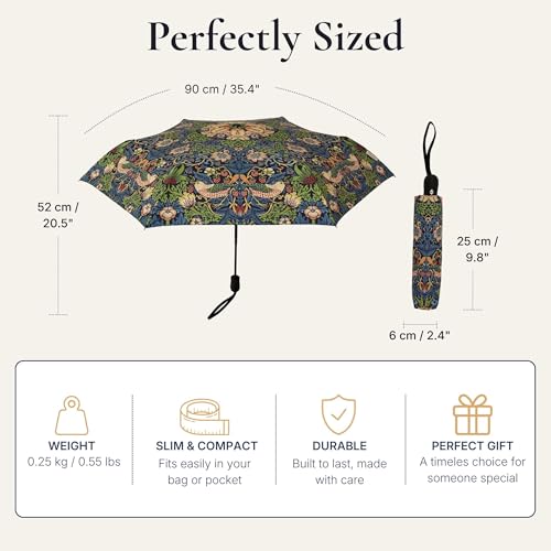 Signare Gobelin automatyczny składany parasol, wzór złodzieja truskawek William Morris, niebieski kwiatowy wzór (truskawkowy złodziej, UM-AUTO-STBL), Standard