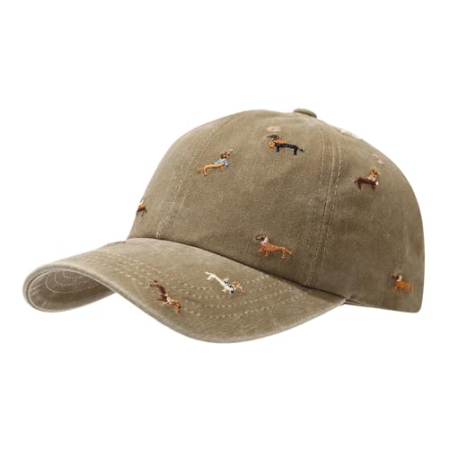 Qkxbxk Cute Dog Embroidered Cap Baseball Hat for Men and Women Adjustable Vintage Washed Cotton Dad Hat Khaki