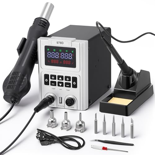 Station de Soudage 2 en 1 Station de Soudage et de Fer à Souder à Air Chaud 600W Station de Dessoudage Rework Station Fer à Souder Avec pour L'éLectronique, Les Projets de Bricolage (Argent)