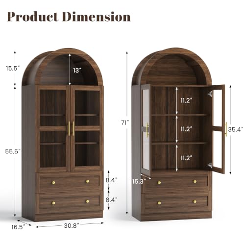 Image of Pamapic Arched Kitchen Pantry Cabinet, 71 inch Tall Arched Cabinet with Glass Doors, Farmhouse Kitchen Storage Cabinet with 2 Large Drawers, Wooden Pantry for Dining Room, Living Room (Brown)