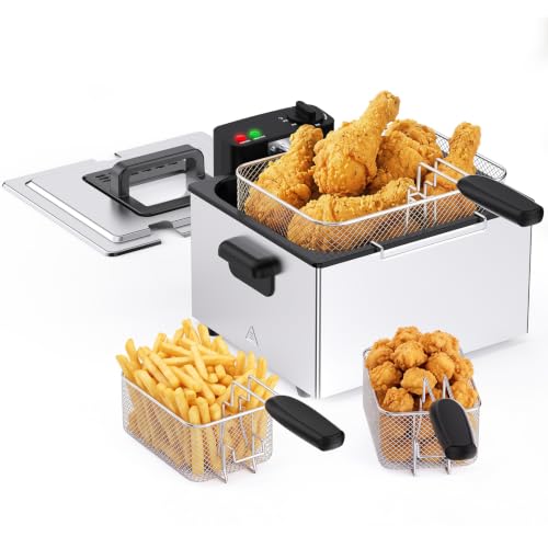 Image of OLIXIS Deep Fryer for Home Use, Large Electric Fryer with 3 Blankets, 5 Liter Capacity, 1800W Power, 4 Adjustable Temp, Lid with Viewing Window for Fried Chicken, Shrimp, French Fries, Silver