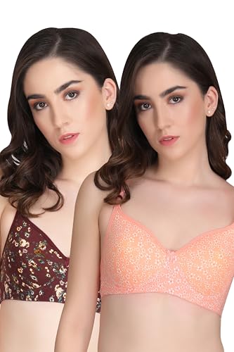 Image of Flower Print Bra for Women - Made of Pure Cotton Full Coverage Non Wired Pushup Soft Cup for T-Shirt Saree Dress Sports Garment for Daily Use Everyday