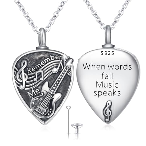 925 Sterling Silver Guitar Necklace Guitarist Urn Cremation Necklace For Ashes Music Keepsake Jewelry for Women Men Music Lover With Gifts Box