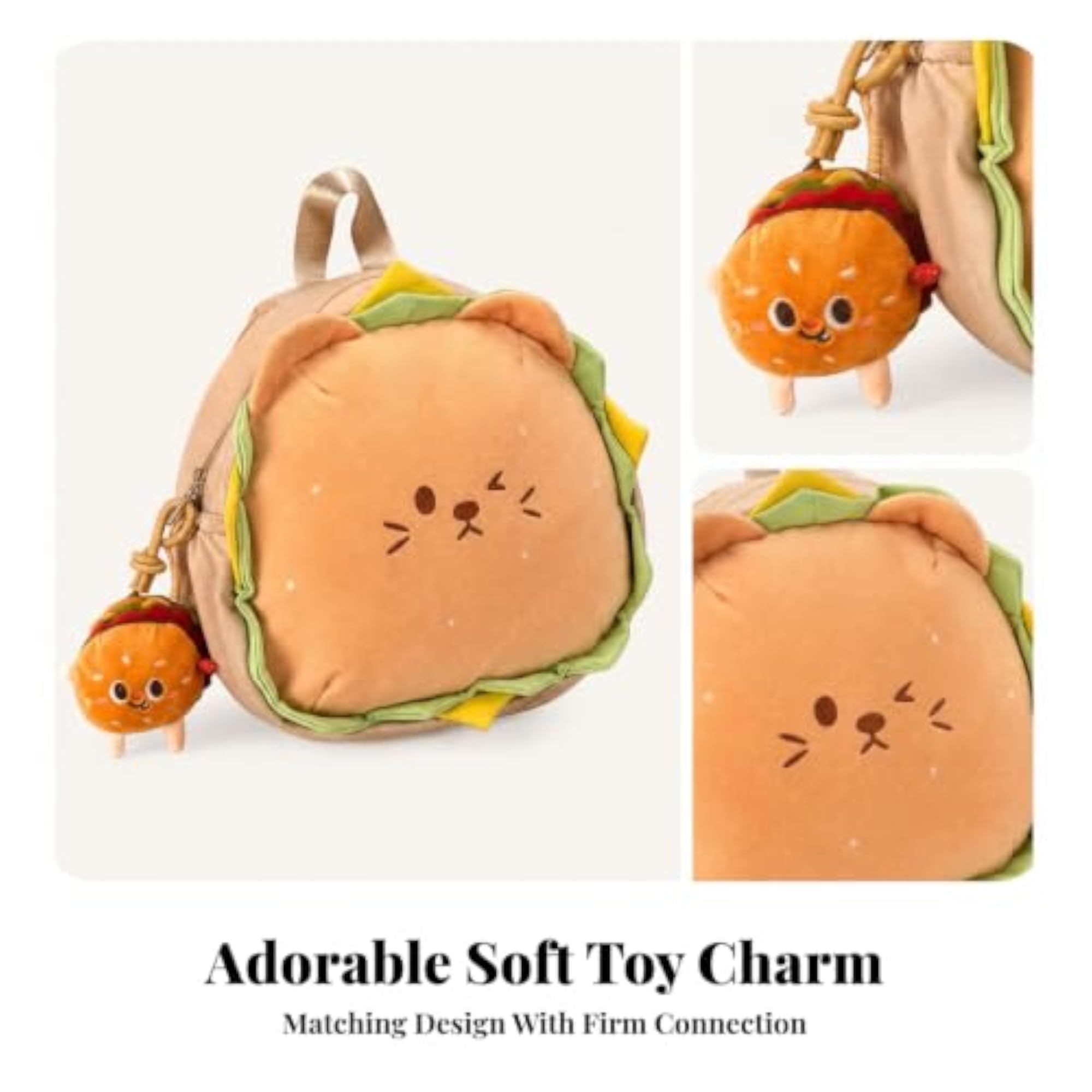 Cute Cat Backpack with Soft Toy Charm, Fun Hamburger Design