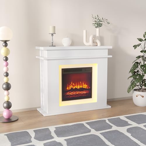 Camino Elettrico con Effetto Fiamma 3D,750-1500W con Risacaldamento Regolabile, fuoco di camino, effetto fiamma, telecomando, illuminazione a LED e timer (Bianco)