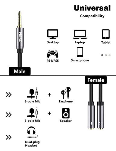 Millso Headset Adapter Ctia 3.5Mm Y Splitter Headphone Jack Splitter Adapter (3.5Mm 4 Pole Trrs Male To 2 Trs 3 Pole Female) Compatible For Xbox One, Ps4, Pc, Tablet, Laptops, Phone - 12Inch/30Cm Gray #TOP3