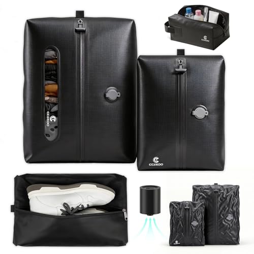 Vacuum Bags for Travel with Pump, 4-Piece Travel Organizer Set (2 Vacuum Compression Bags + 2 Packing Cubes), Space Saving for Carry-On Luggage, for Clothes, Shoes & Toiletries