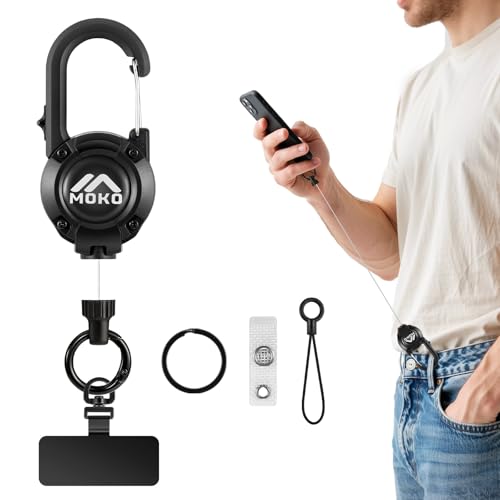 MoKo Anti-theft Phone Tether Lanyard Retractable & Lockable Steel Line Anti-Drop Phone Strap with 360 Tether Tab Badge Reel Keychain for Outdoor Hiking Climbing Fishing Skiing Cycling Black