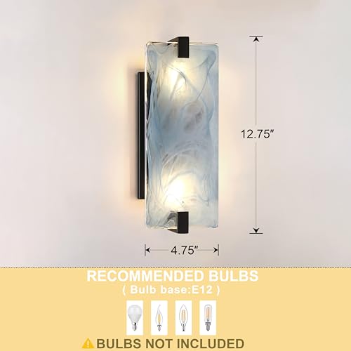 Image of 12.7 inch Art Blue Square Glass Bathroom Modern Wall Sconce Fixture for Bedroom Hallway Bedside 2 Pack 2 Light Black Wall Sconce
