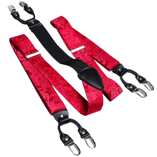 Image of Hi-Tie Men's Suspenders and Tie Set Silk Adjustable Elastic Y Braces with Strong 6 Clips Pocket Square Set