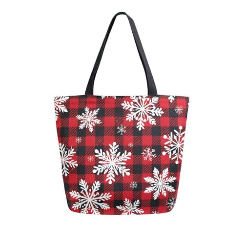 ALAZA Christmas Snowflake Buffalo Plaid Women Canvas Tote Bags