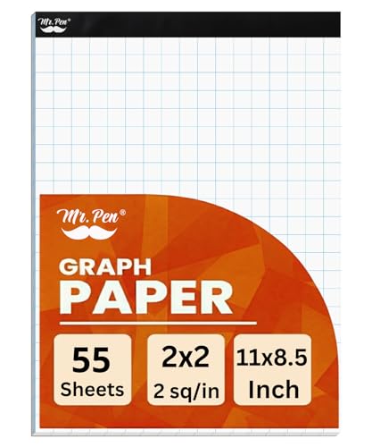 Mr. Pen - Papel cuadriculado, 2 x 2 (2 cuadrados por pulgada), 8.5 x 11 pulgadas, 55 hojas, papel cuadrícula, papel gráfico, bloc de papel gráfico, papel gráfico de matemáticas, bloc de papel