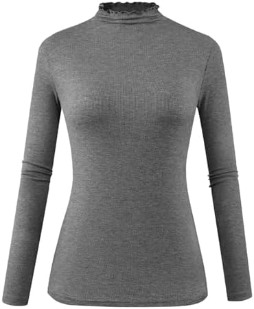 POPZONE Women's Lettuce Trim Mock Neck Long Sleeve Slim Fit Ribbed Knit Tee Shirt Tops