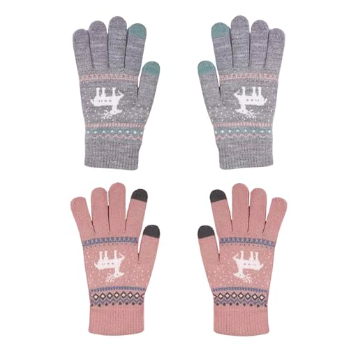 2 Paare Handschuhe Winter Handy Touch Damen,Warme Winterhandschuhe,Touchscreen-Compatible Gloves,Weihnacht-Rentier-Motiv,Zwei Farben Für Männer Und Frauen Geschenk...