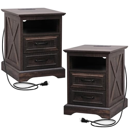 Image of Farmhouse Nightstands Set of 2 with Charging Station,Walnut Brown Tabletop | End Tables with 2 Drawers, Cube Storage Organizer, USB Ports, Metal Handles, for Rustic Bedroom Bedside, Living Room, Dorm