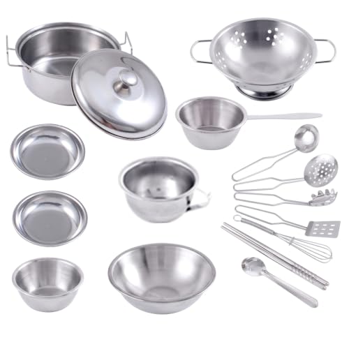 Juego de ollas y sartenes para niños de acero inoxidable plateado para cocina de barro